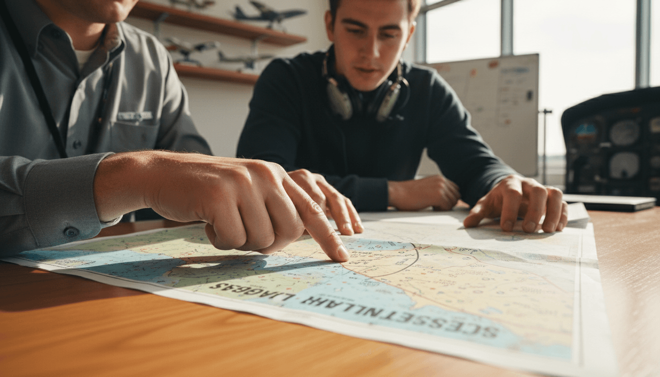 Flight instructor conducting one-on-one ground training with student pilot over aviation chart
