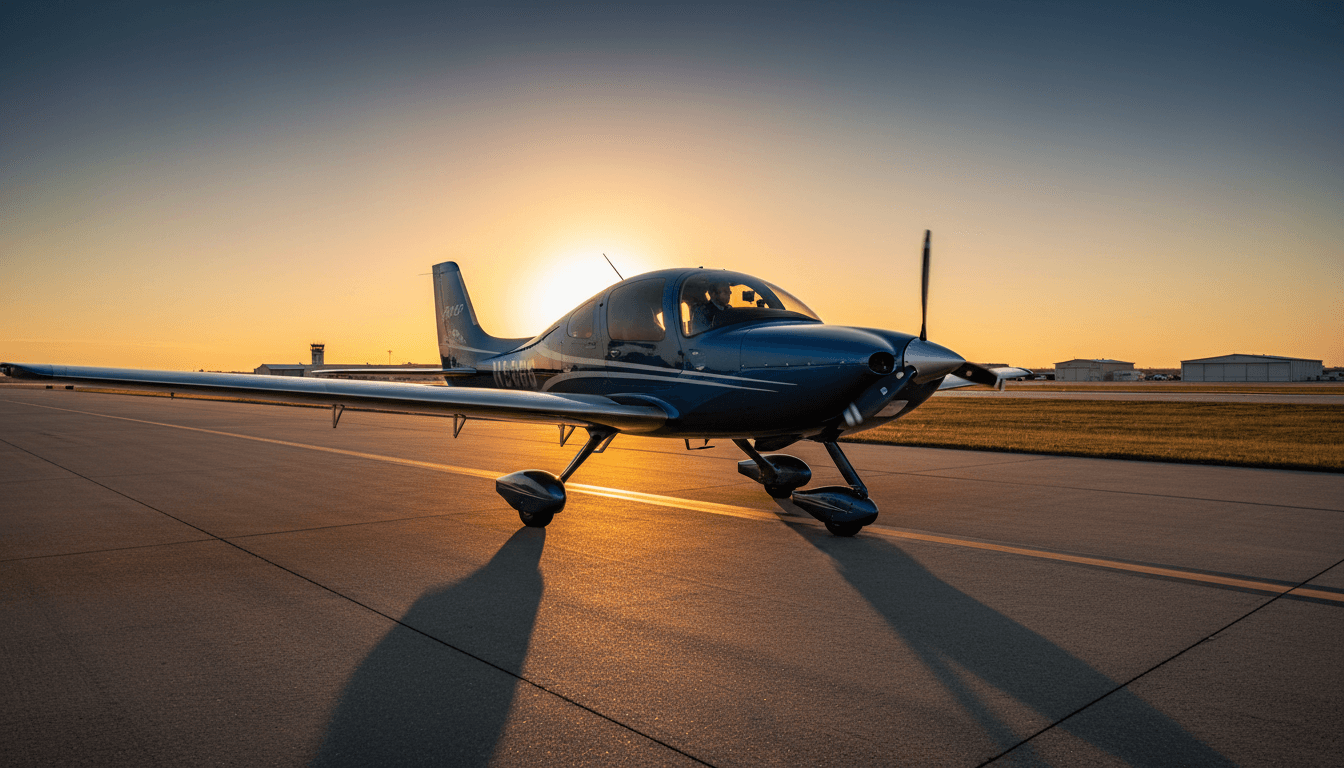 Cirrus aircraft on a North Charleston runway during golden hour with pilot conducting pre-flight inspection