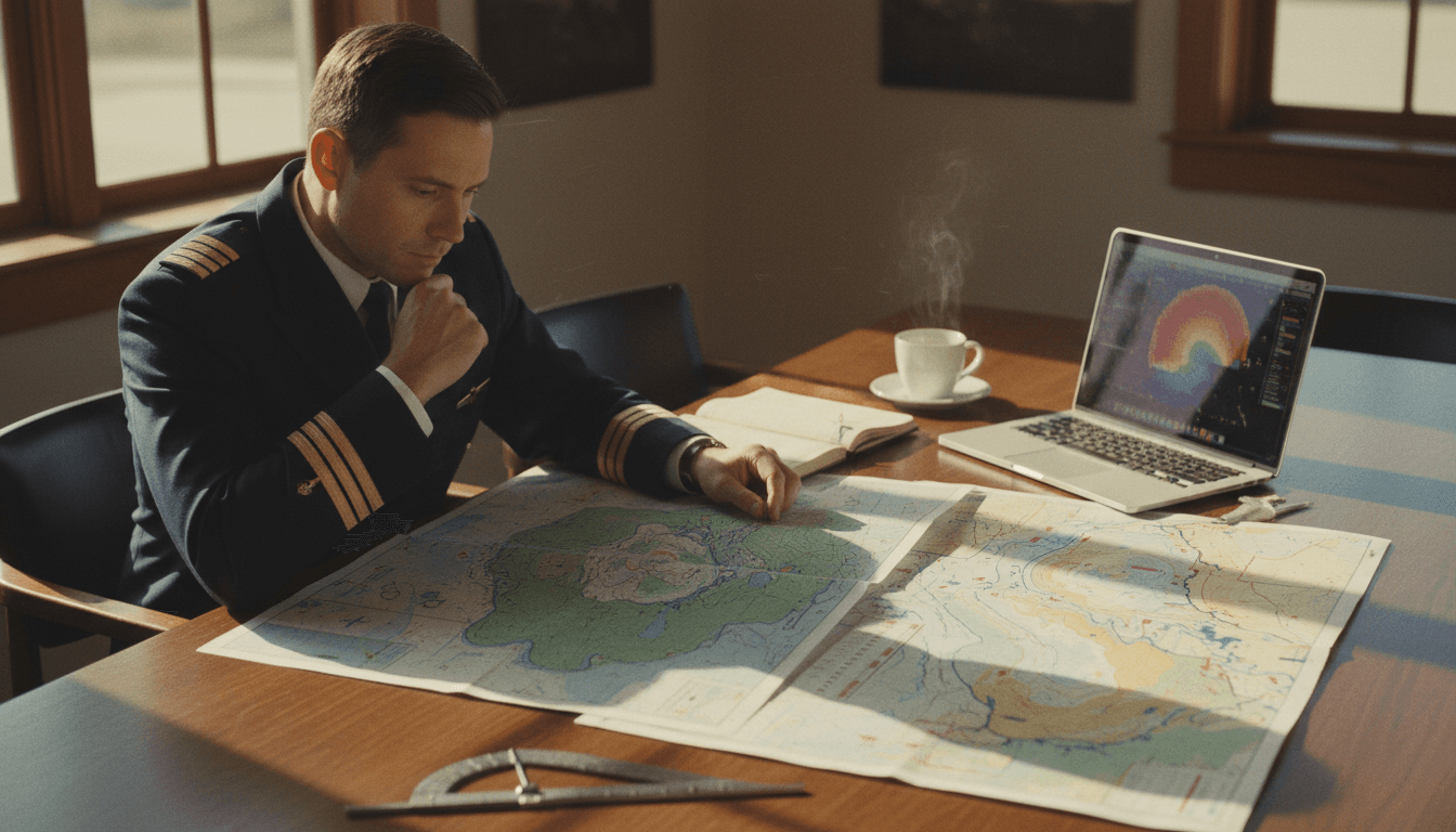 Flight Planning Support - Pilot reviewing weather and route planning materials