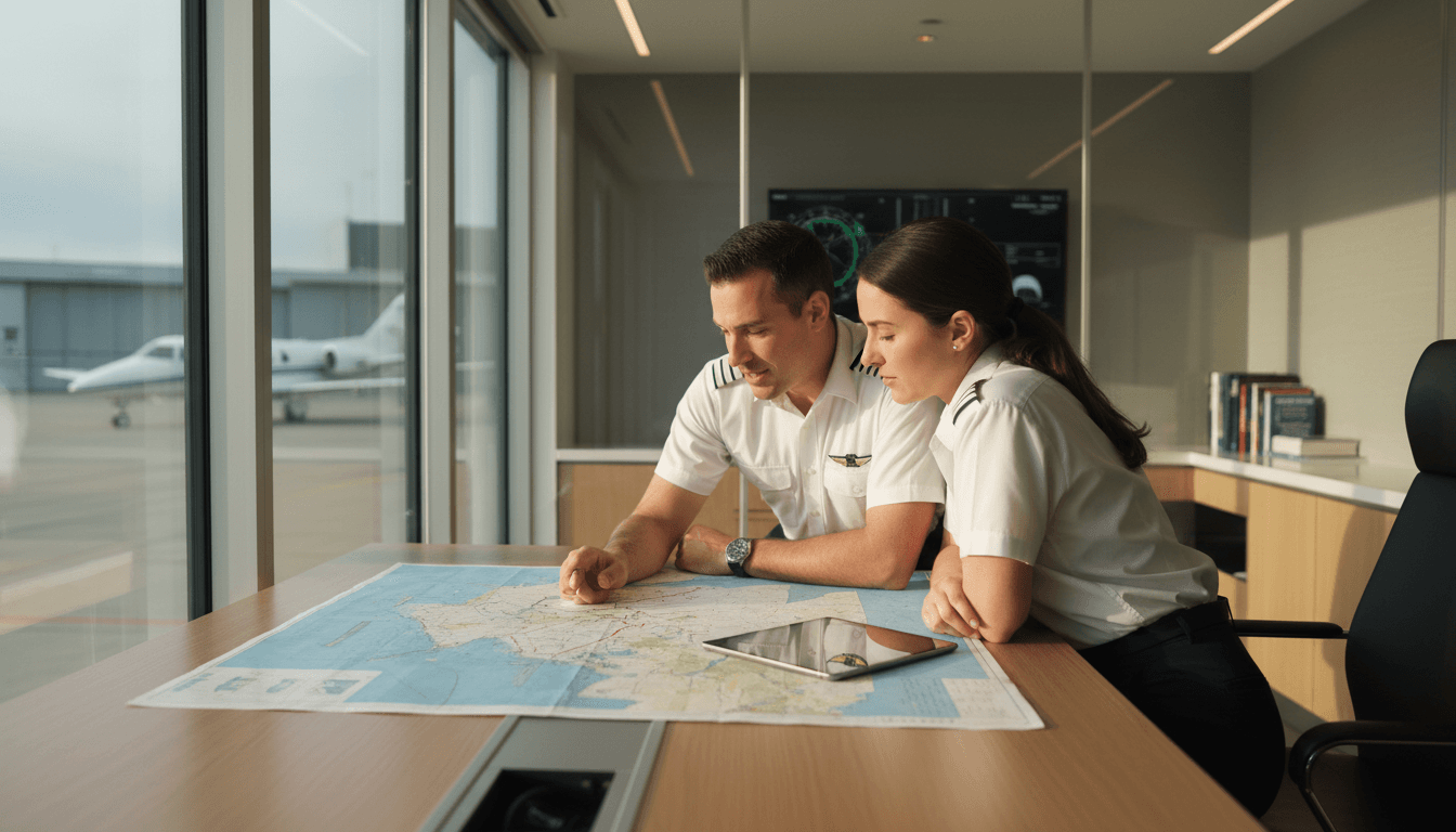 Flight instructor and pilot discussing flight plans