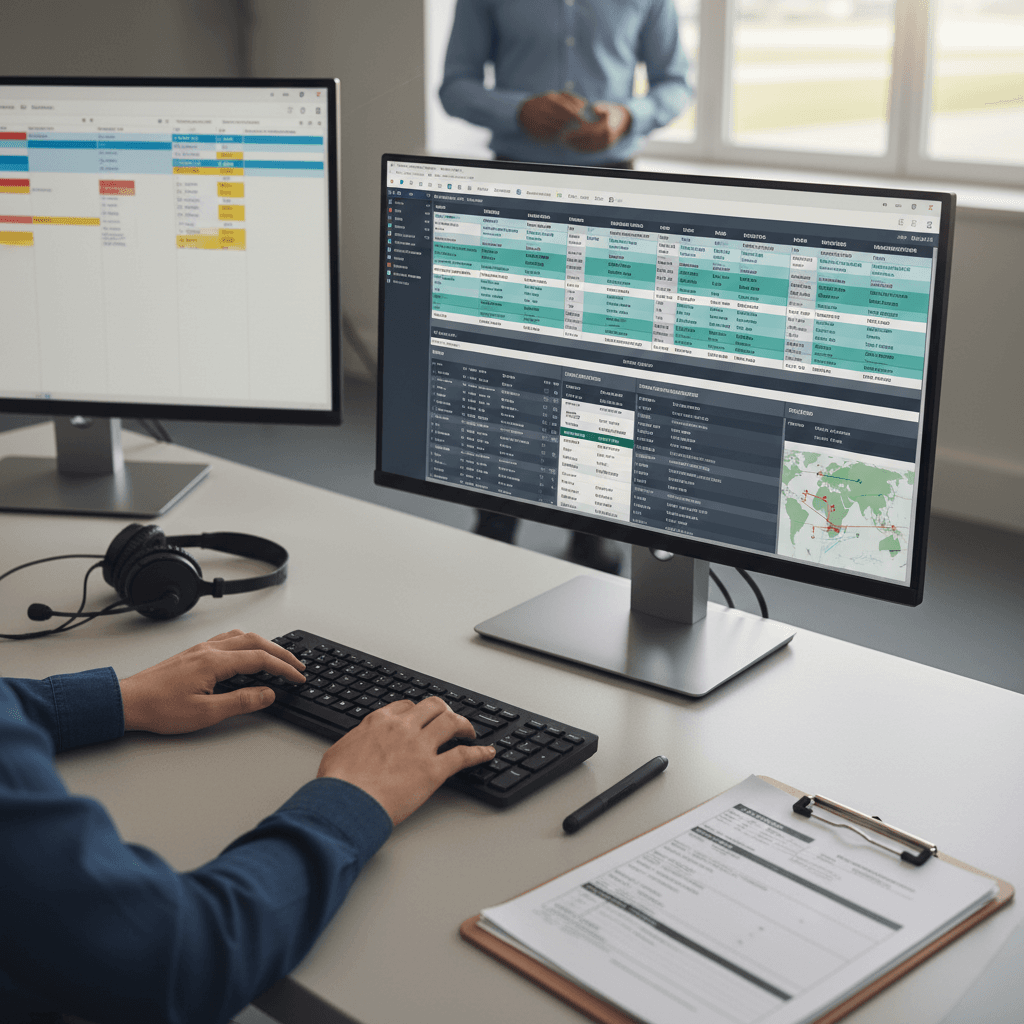 Close-up of flight dispatcher's hands typing on keyboard with flight scheduling management software displayed on monitor