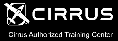 White Cirrus logo with airplane icon and text "Cirrus Authorized Training Center" on black background.